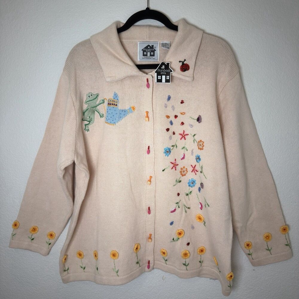 Storybook Knits Secret Garden Cream Cardigan 2X Frog Floral Embroidered Sweater